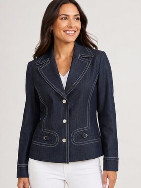 Cole Haan denim button jacket prominent white contrast stitching size 4